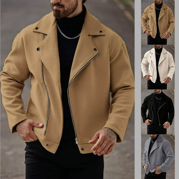 RYDCOT Men's thermal Wool Blend Coat Notched Collar Zip up Overcoat Warm Fall Winter Short Business Pea Trench Coat Khaki