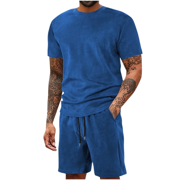 RYDCOT Mens 2 Piece Casual Sets Tracksuit Outfit Relaxed Fit Short Sleeve T Shirt Shorts Suede Faux Leather Sweatsuit Blue