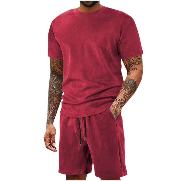 RYDCOT Mens 2 Piece Casual Sets Tracksuit Outfit Relaxed Fit Short Sleeve T Shirt Shorts Suede Faux Leather Sweatsuit Wine