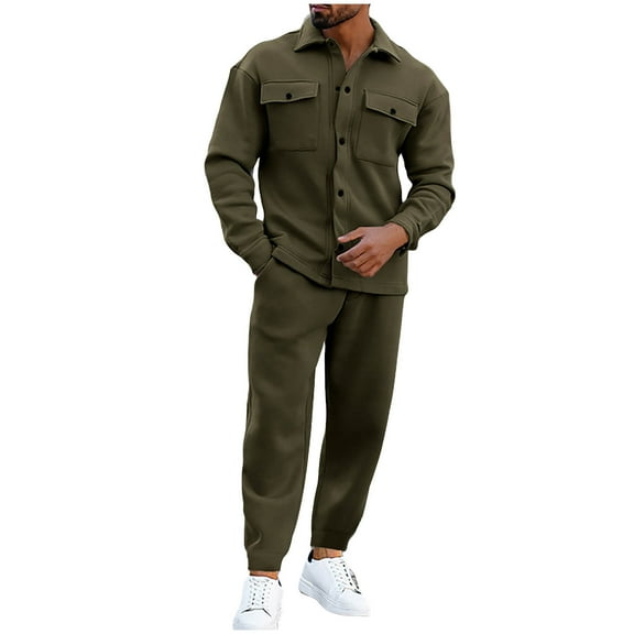 RYDCOT Mens 2 Piece Outfits Casual Long Sleeve Lapel Button Cardigan Jacket and Elastic Waist Pants Matching Set Sweatsuit Army Green
