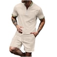 thumbnail image 1 of RYDCOT Mens 2 Piece Outfits Summer Casual Fashion Solid Color Tracksuit Short Sleeve Stand up Collar T Shirt and Elastic Waist Shorts Waffle Set Khaki, 1 of 6