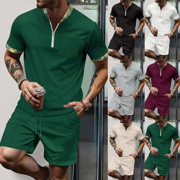 RYDCOT Mens 2 Piece Outfits Summer Casual Fashion Solid Color Tracksuit Short Sleeve Stand up Collar T Shirt and Elastic Waist Shorts Waffle Set White