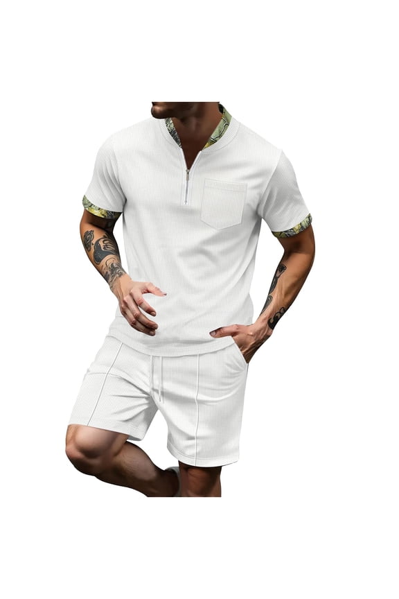 Mens 2 Piece Outfits Summer Casual Fashion Solid Color Tracksuit Short Sleeve Stand up Collar T Shirt and Elastic Waist Shorts Waffle Set White