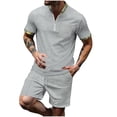thumbnail image 1 of RYDCOT Mens 2 Piece Outfits Summer Casual Fashion Solid Color Tracksuit Short Sleeve Stand up Collar T Shirt and Elastic Waist Shorts Waffle Set Gray, 1 of 6