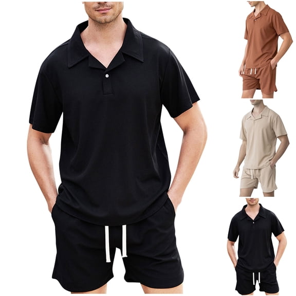 RYDCOT Mens 2 Piece Outfits Summer Casual Waffle Beach Short Sleeve Lapel Button Down Shirts and Shorts Set Khaki