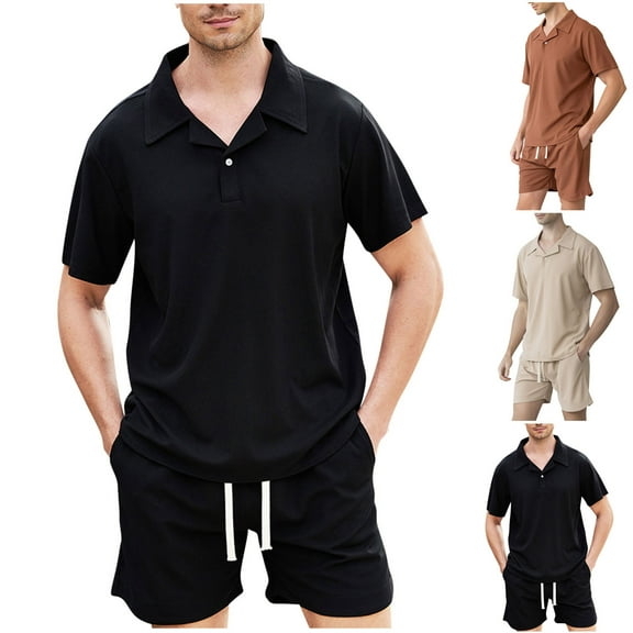 RYDCOT Mens 2 Piece Outfits Summer Casual Waffle Beach Short Sleeve Lapel Button Down Shirts and Shorts Set Khaki