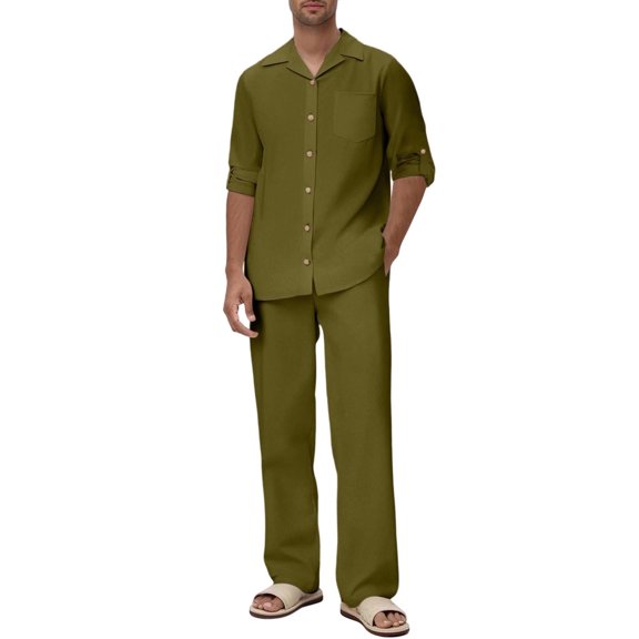 RYDCOT Mens 2 Piece Set Lapel Long Sleeve Button Down Shirts and Matching Loose Pants Suits Army Green