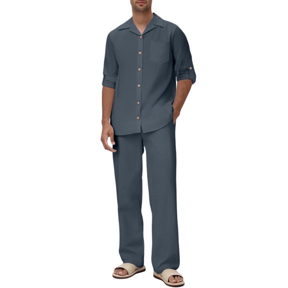 RYDCOT Mens 2 Piece Set Lapel Long Sleeve Button Down Shirts and Matching Loose Pants Suits Gray