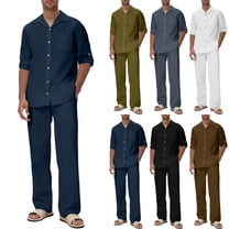 RYDCOT Mens 2 Piece Set Lapel Long Sleeve Button Down Shirts and Matching Loose Pants Suits White