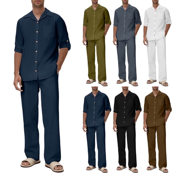 RYDCOT Mens 2 Piece Set Lapel Long Sleeve Button Down Shirts and Matching Loose Pants Suits White