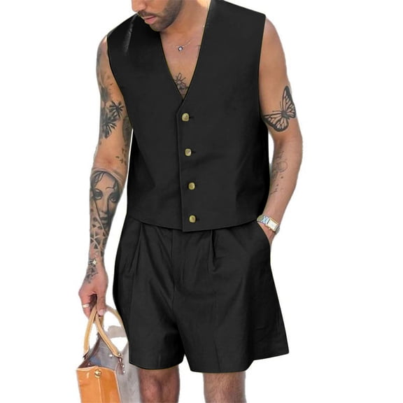 RYDCOT Mens 2 Piece Short Suits for Men Casual Summer Beach Suit V-Neck Button Vest High Waisted Wide Leg Shorts Set Black