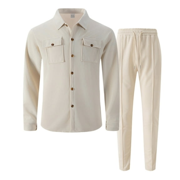 RYDCOT Mens 2 Piece Solid Color Waffle Outfits Casual Stand up Collar Long Sleeve Shirts and Elastic Waist Pants Sweatsuit Set Khaki