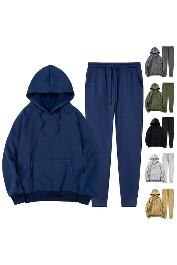 Mens 2 Piece Sweatsuit Outfits Hoodie Sweatshirt & Joggers Sweatpants Long Sleeved Hooded Sweatshirt and Pants Set Navy
