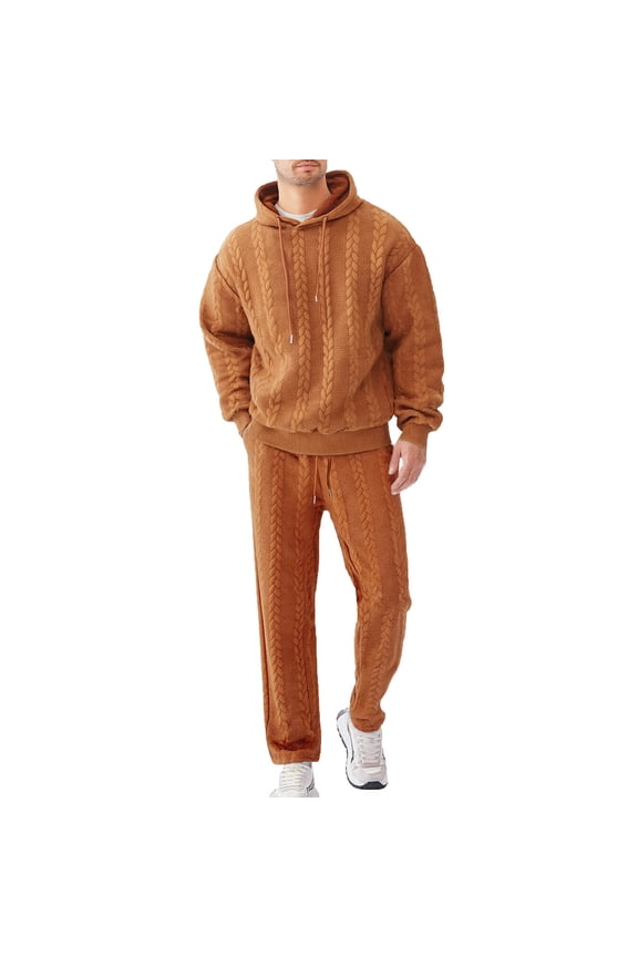 Mens 2 Piece Twists Jacquard Texture Sweatsuit Outfits Hoodie Sweatshirt & Joggers Sweatpants Set Tracksuit Orange