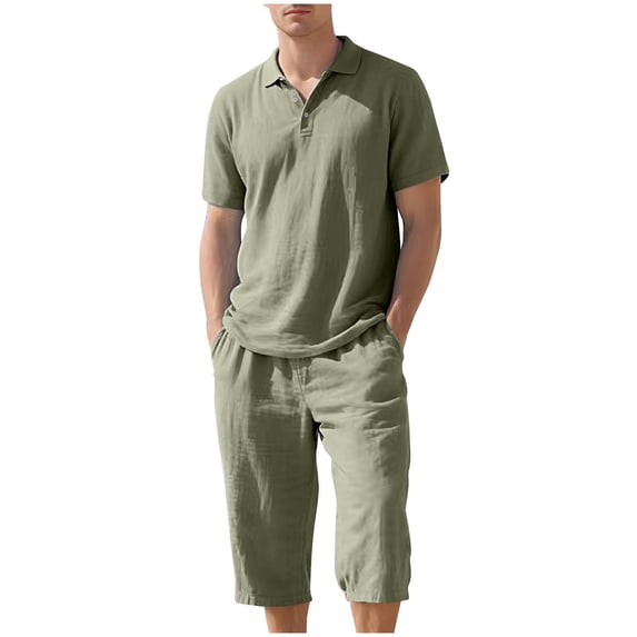 RYDCOT Mens 2 Pieces Cotton Linen Set Lapel Short Sleeve Shirts Casual Yoga Capri Pants Summer Beach Outfits Army Green