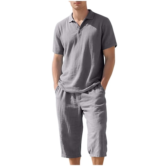 RYDCOT Mens 2 Pieces Cotton Linen Set Lapel Short Sleeve Shirts Casual Yoga Capri Pants Summer Beach Outfits Gray