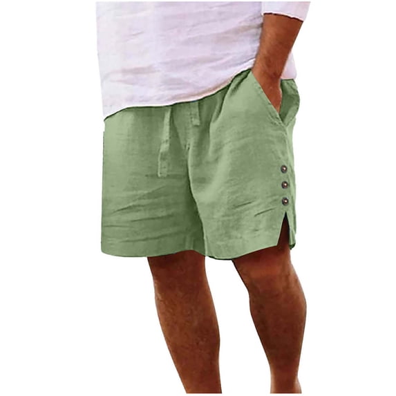 RYDCOT Mens 5 Inch Cotton Linen Shorts - Casual Side Split Button Elastic Waist Drawstring Summer Beach Shorts with Pocket Green