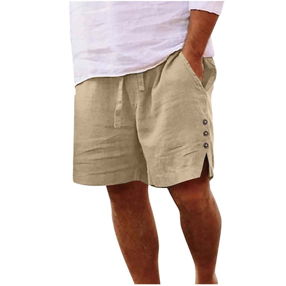 RYDCOT Mens 5 Inch Cotton Linen Shorts - Casual Side Split Button Elastic Waist Drawstring Summer Beach Shorts with Pocket Khaki