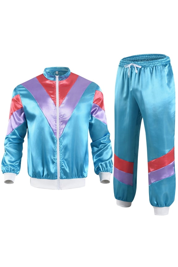 Mens 80s Zipper Long Sleeved Pants Tracksuit Retro Sportswear Adult Disco Satin Tracksuits Hip Hop Sports Suit Colorblock Jacket Outfits Carnival Set Blue