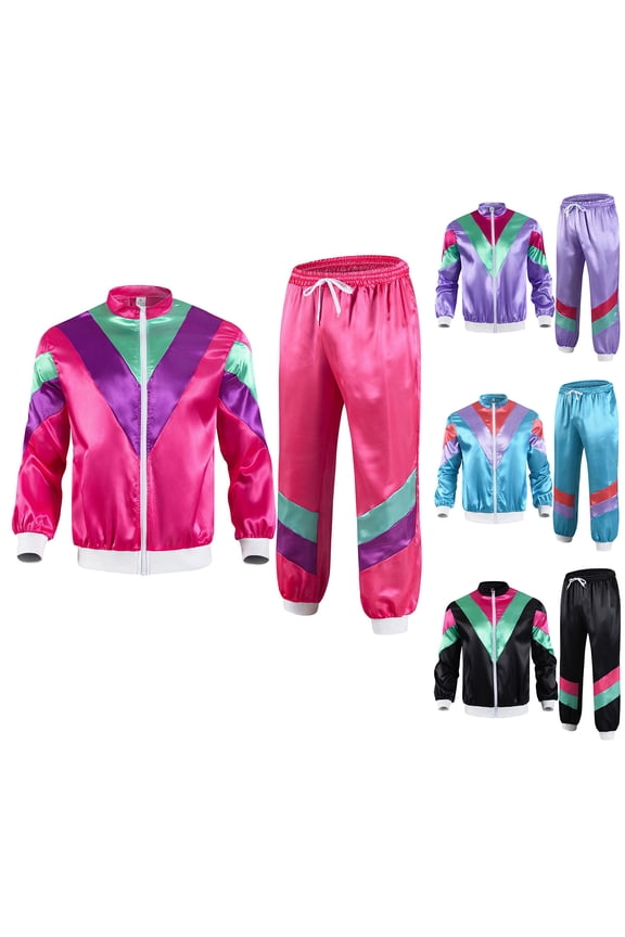 Mens 80s Zipper Long Sleeved Pants Tracksuit Retro Sportswear Adult Disco Satin Tracksuits Hip Hop Sports Suit Colorblock Jacket Outfits Carnival Set Purple