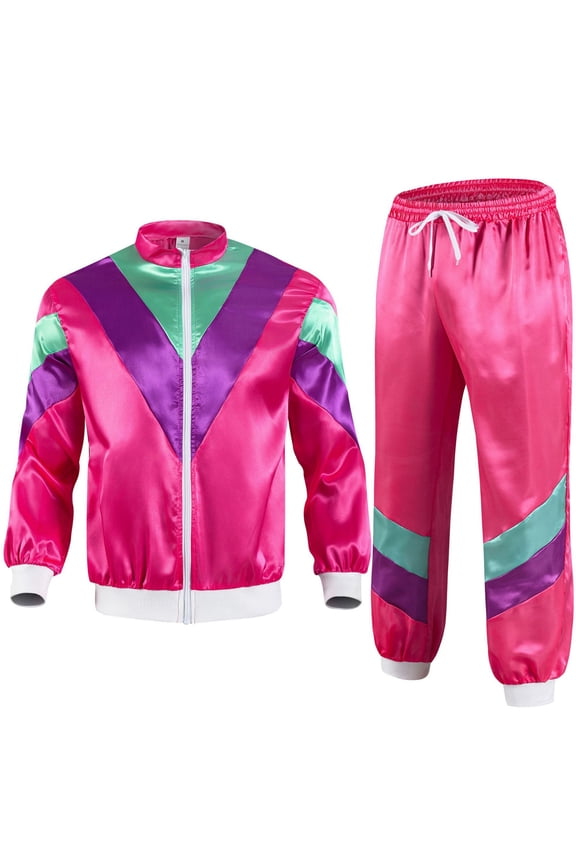 Mens 80s Zipper Long Sleeved Pants Tracksuit Retro Sportswear Adult Disco Satin Tracksuits Hip Hop Sports Suit Colorblock Jacket Outfits Carnival Set Hot Pink