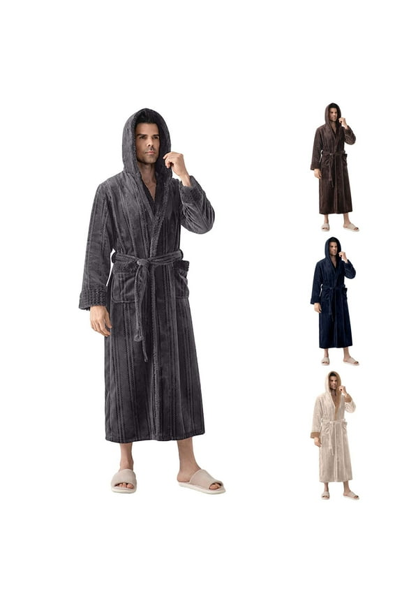 Mens Bathrobes with Hood Double-Faced Fleece Bathrobe for Men,Soft Full Length Bathrobes Navy