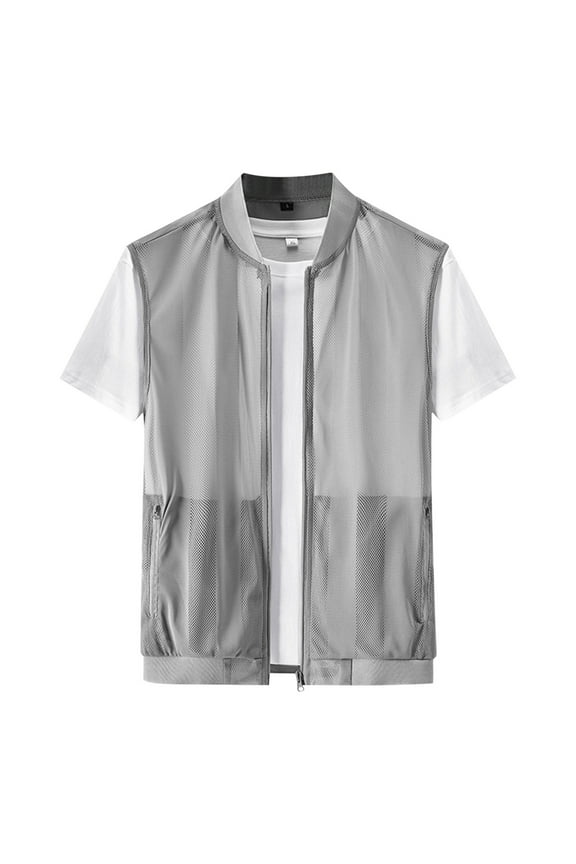 Mens Breathable Mesh Vest Summer Lightweight Casual Sleeveless Jacket Outerwear for Work Fish Photo Travel Gray