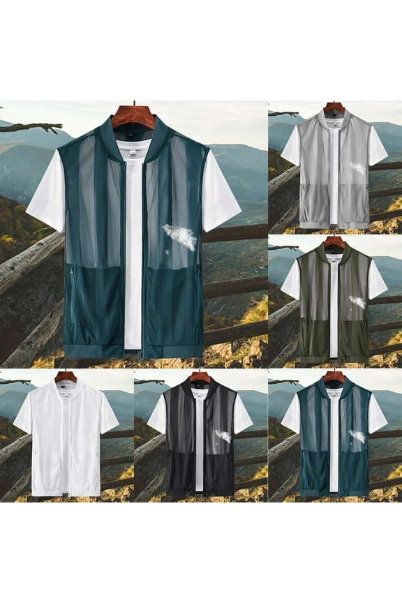 Mens Breathable Mesh Vest Summer Lightweight Casual Sleeveless Jacket Outerwear for Work Fish Photo Travel White