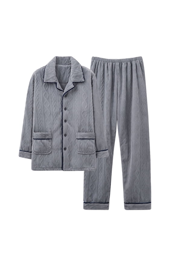 Mens Button Down Pajama Sets Lounge Sleepwear Fuzzy Flannel 2 Piece Pjs Set Fleece Lounge Set Fluffy Pants Set with Pockets Gray