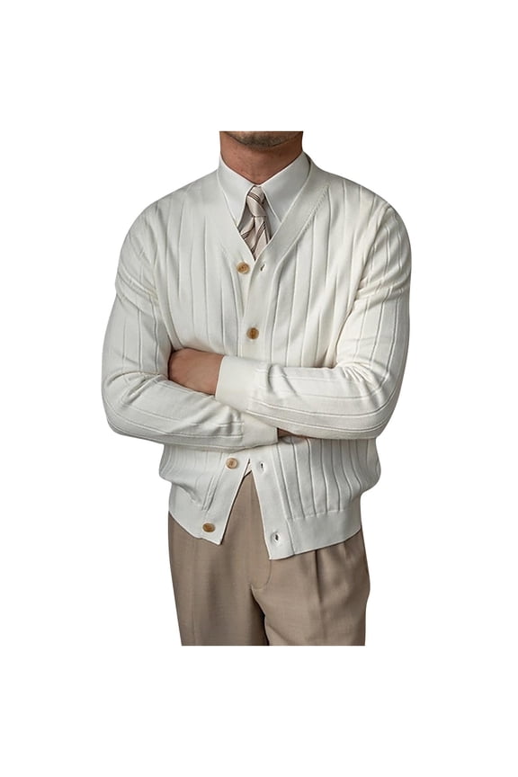 Mens Cable Knit Cardigan Sweater V Neck Casual Button Down Sweaters Long Sleeve Spring Fall Outwear White