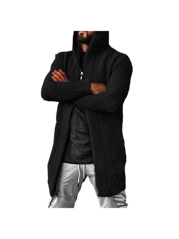 Mens Cardigan Sweater Cable Knit Long Hooded Cardiagn Long Sleeve Winter Open Front Sweaters with Pockets Black