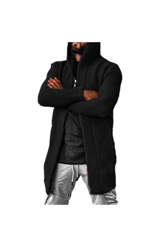Mens Cardigan Sweater Cable Knit Long Hooded Cardiagn Long Sleeve Winter Open Front Sweaters with Pockets Black