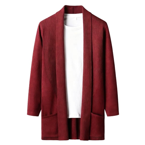 RYDCOT Mens Cardigan Sweater Shawl Collar Cable Knit Cardiagn Long Winter Open Front Sweaters with Pockets Slim Fit Long Trench Coat Red