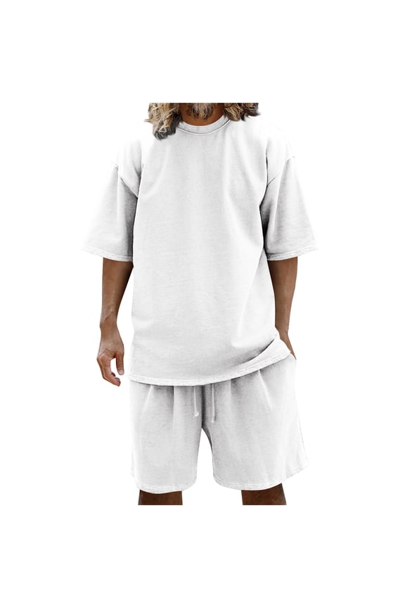 Mens Casual 2 Piece Outfits-Short Sleeve Athletic Set Oversize Drop Shoulder T-Shirts Elastic Waist Drawstring Tracksuit Set White