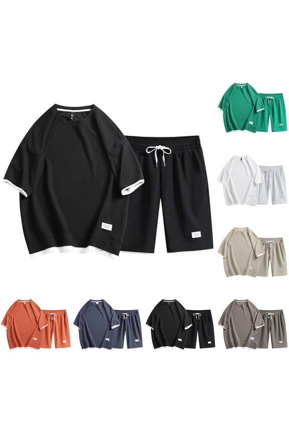 Mens Casual 2 Piece Outfits-Short Sleeve Shorts Athletic Set Oversize Crew Neck T-Shirts Drawstring Tracksuit Set White