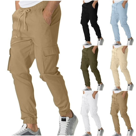 RYDCOT Mens Casual Breathable Cargo Pants Elastic Waist Drawstring Slim Joggers Pants Sweatpants for Men Multi Pockets White