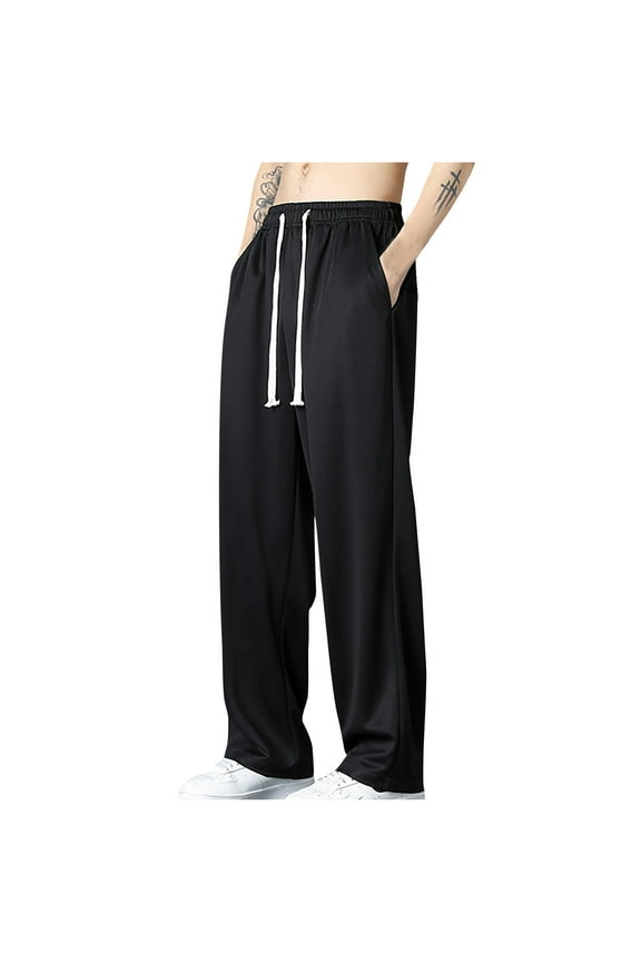 Mens Casual Breathable Pants Loose Fit Elastic Drawstring Waist Straight-Legs Summer Yoga Beach Long Pants Black