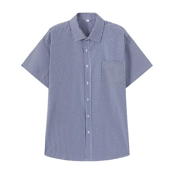 RYDCOT Mens Casual Button Down Shirts Wrinkle Free 4-Way Stretch Dress Shirs Short Sleeve Plaid Summer Cotton Shirts for Men Navy