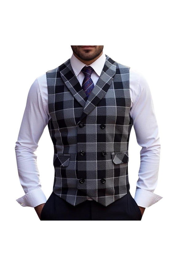 Mens Casual Double Breasted Plaid Dress Suit Vest Tweed Slim Fit Wool Waistcoat for Wedding Groomsmen Black