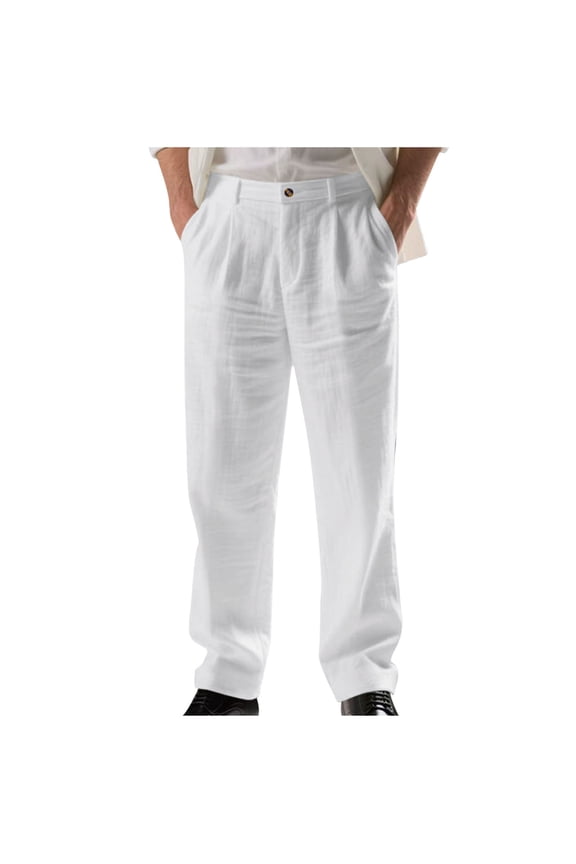 Mens Casual Pants Elastic Waist Lightweight Straight-Legs Loose Fit Summer Thin Trousers White