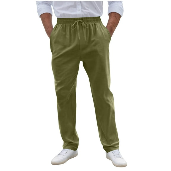 RYDCOT Mens Casual Pants Loose Fit Elastic Drawstring Waist Straight-Legs Summer Long Pants with Pocket Army Green