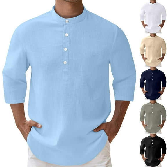 RYDCOT Mens Casual Shirts 3/4 Sleeve Loose Solid Color Button Down Round Neck Summer Shirt White
