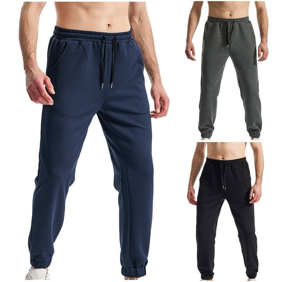RYDCOT Mens Casual Sweat Pants Pleated Drawstring Elastic Waist Waffle Knit Straight Leg Joggers Sweatpants with Pockets Navy