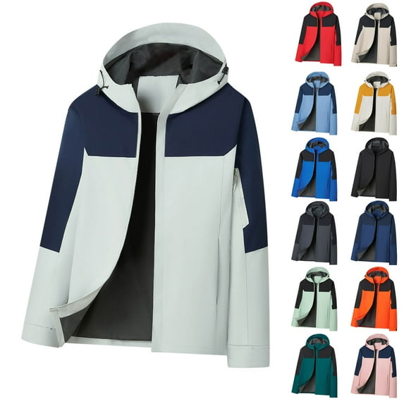 RYDCOT Mens Color Blocked Jacket Zip Hooded Windbreaker Coat Outdoor Workwear Hooded Casual Jacket White