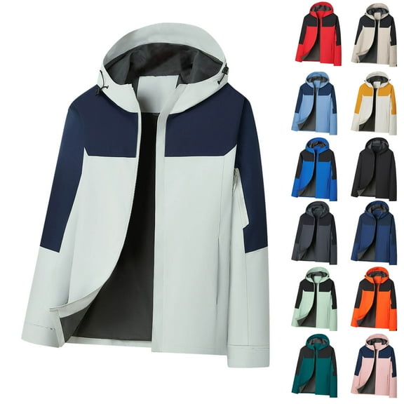 RYDCOT Mens Color Blocked Jacket Zip Hooded Windbreaker Coat Outdoor Workwear Hooded Casual Jacket White