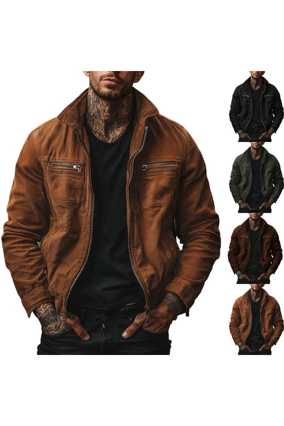 Mens Corduroy Bomber Jacket Lightweight Zip up Casual Vintage Spring Fall Varsity Jacket with Zipper Pockets Orange