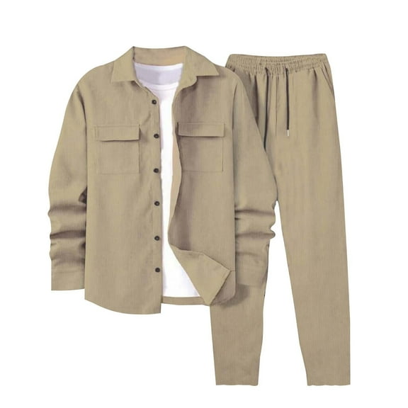 RYDCOT Mens Corduroy Casual 2 Piece Long Sleeve Lapel Button Down Shirt and Pants Set Summer Beach Outfits Beige