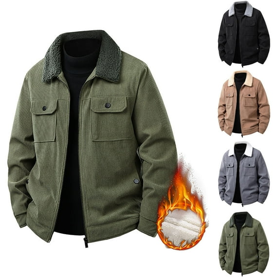 RYDCOT Mens Corduroy Jacket Thicken Warm Jacket Male Solid Color Lapel Casual Slim Coats Khaki