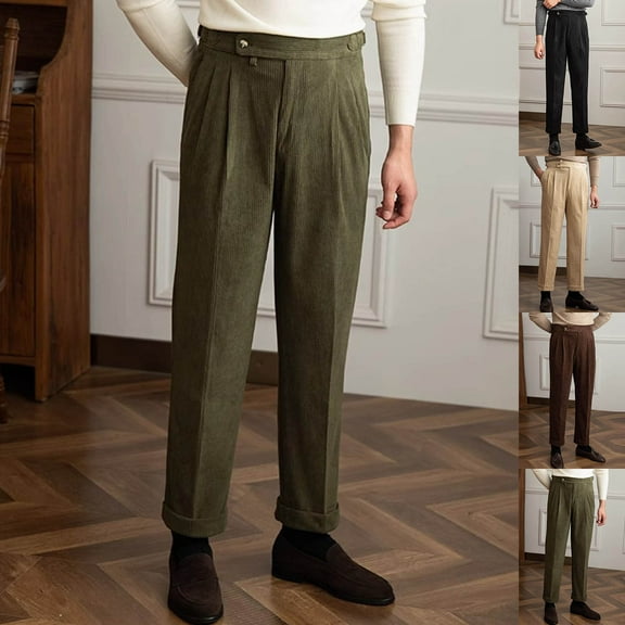 RYDCOT Mens Corduroy Pants Casual High Waist Straight Leg Fall Winter Suit Pant with Pocket Green