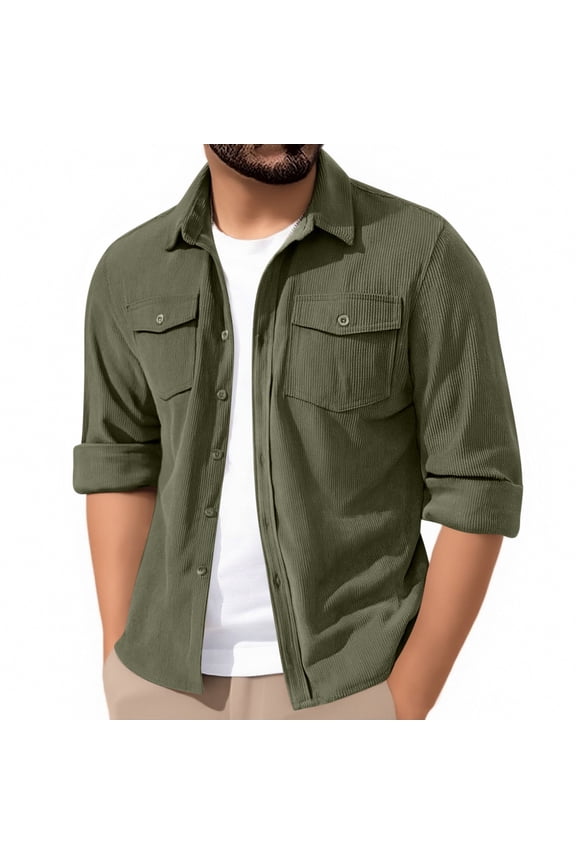 Mens Corduroy Shirts Jacket Button Down Long Sleeve Western Work Shirts Shackets with Flap Pocket Green